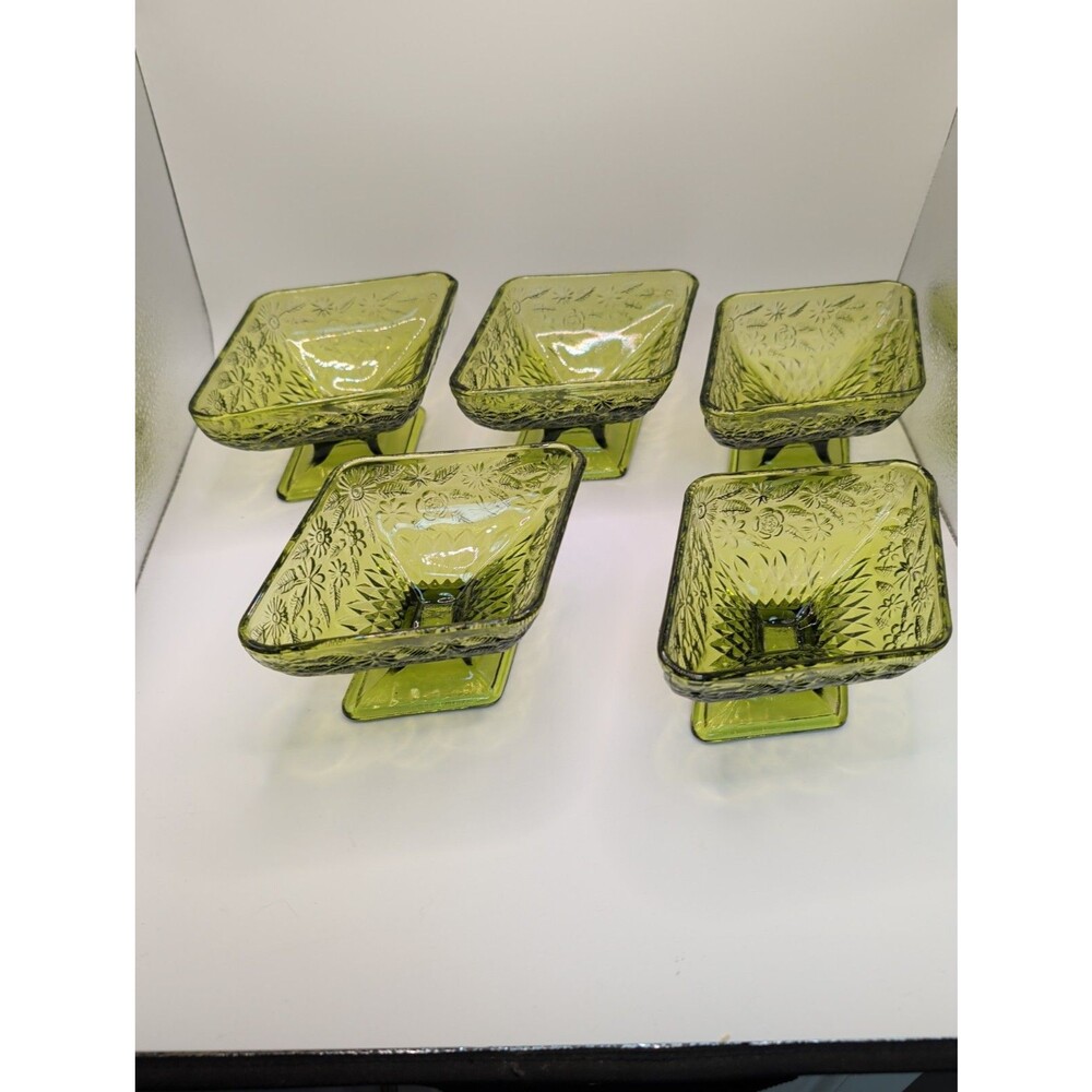 Set of Five Vintage Green Dishes with Floral Pattern